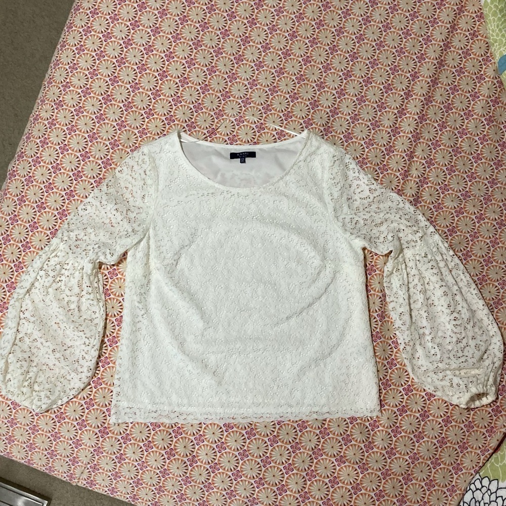 Kaari Blue Puff Sleeve‎ White Lace Blouse